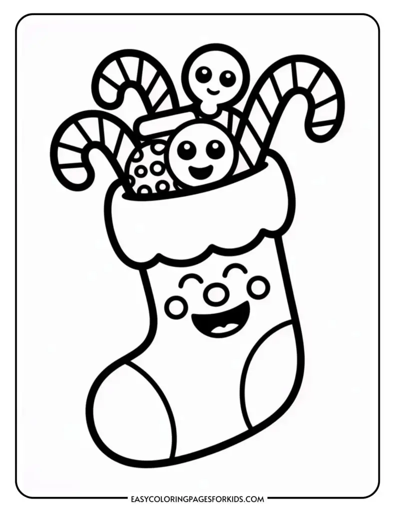 A festive coloring page featuring a smiling Christmas stocking filled with candy canes, a polka-dotted candy, and a small gingerbread figure, all with happy faces.
