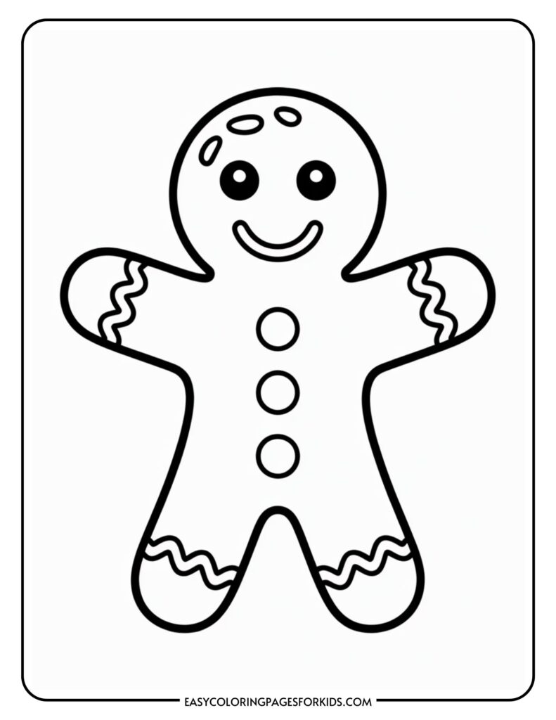 Coloring page of a gingerbread man with buttons, a smiling face, and wavy icing patterns on its arms and legs.