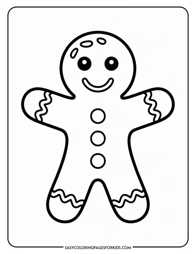 Coloring page of a gingerbread man with buttons, a smiling face, and wavy icing patterns on its arms and legs.