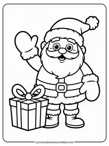 A coloring page for kids featuring a cartoon-style Santa Claus in a traditional outfit, waving with one hand and standing next to a gift box with a bow.