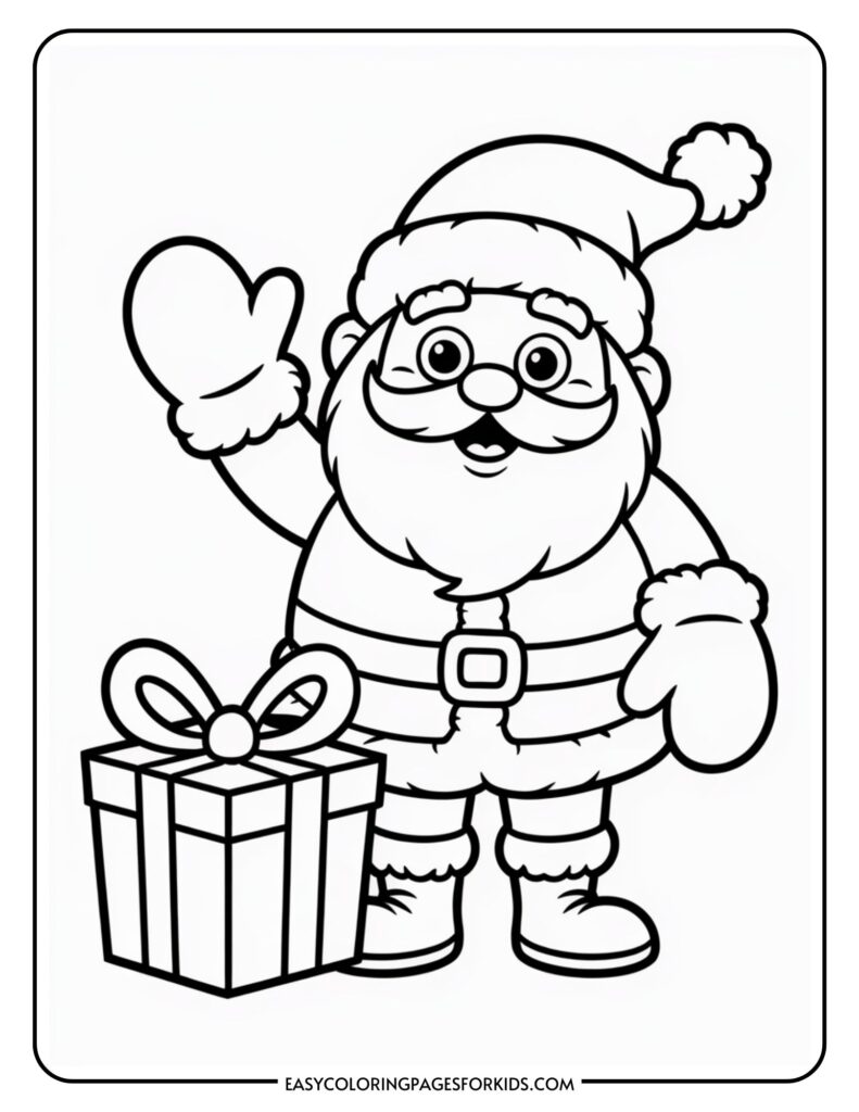 A coloring page for kids featuring a cartoon-style Santa Claus in a traditional outfit, waving with one hand and standing next to a gift box with a bow.