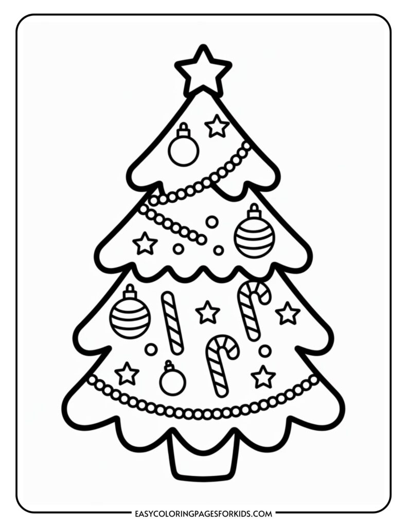 Coloring page of a Christmas tree decorated with stars, candy canes, baubles, and garland, topped with a star.