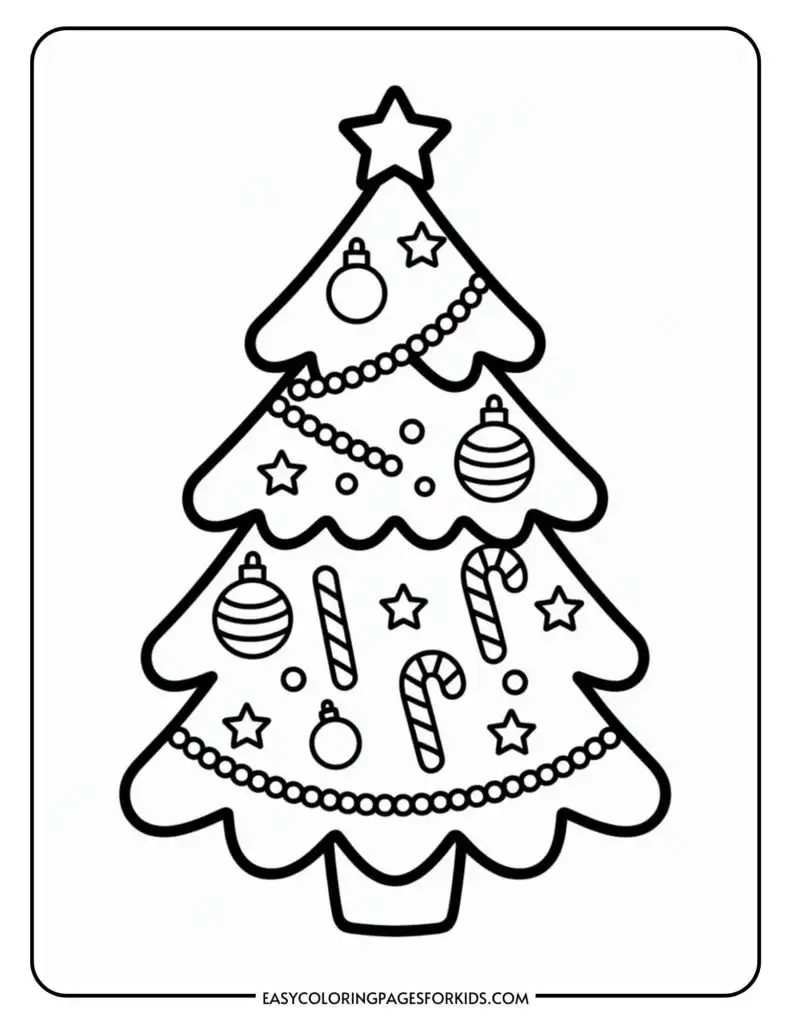 Coloring page of a Christmas tree decorated with stars, candy canes, baubles, and garland, topped with a star.