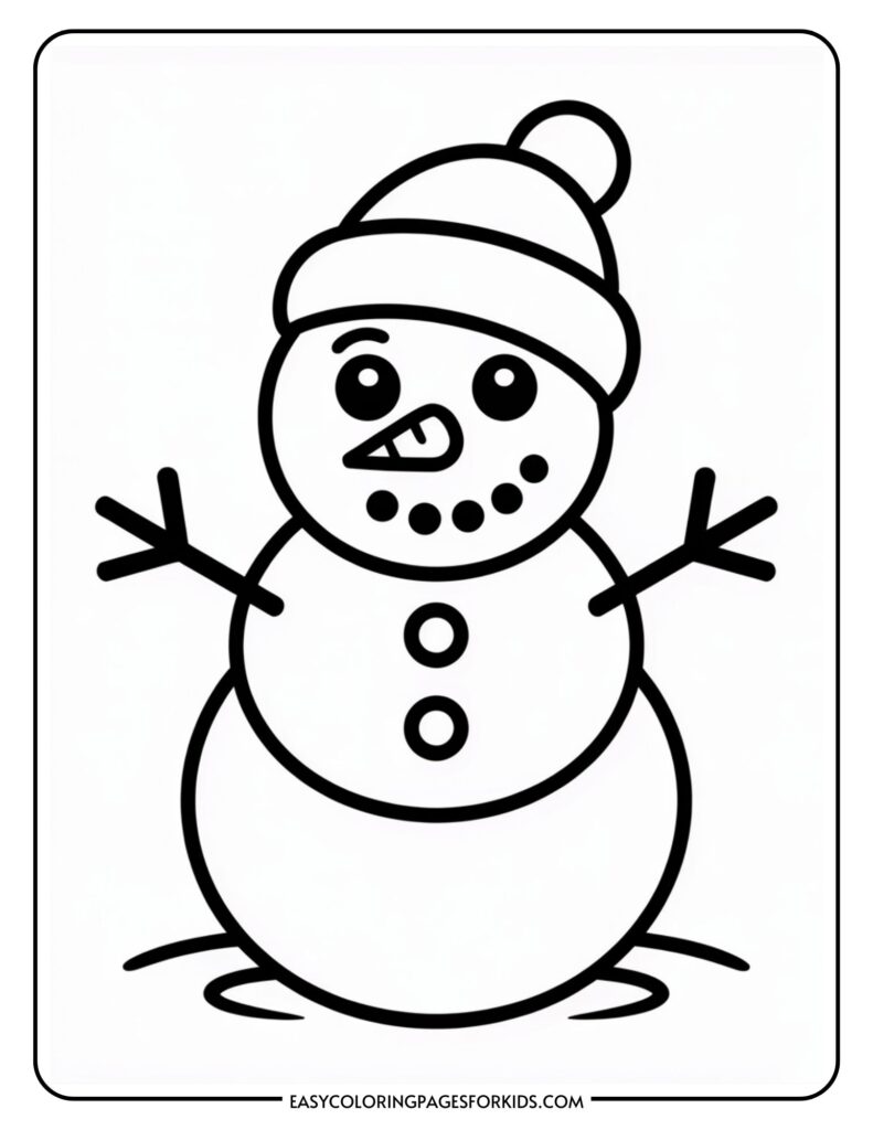 A simple black and white drawing of a snowman with a carrot nose, dotted smile, wearing a hat, with stick arms and two buttons on its body.