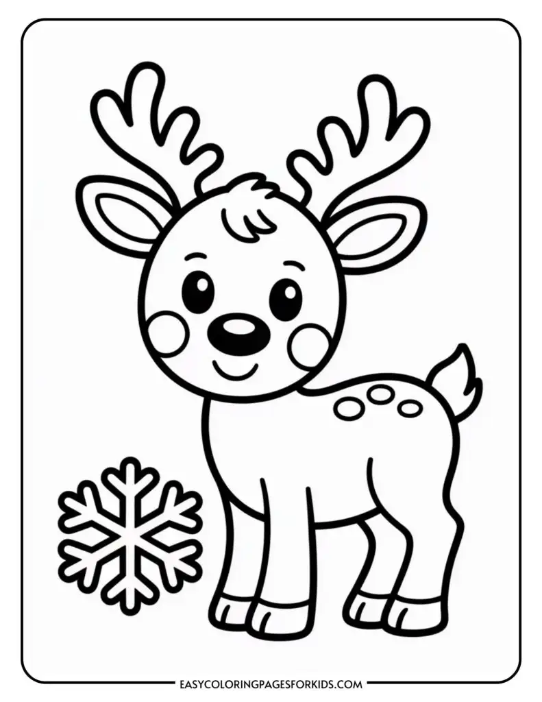 A coloring page featuring a cute cartoon reindeer with large antlers and a smiling face, standing next to a large snowflake.