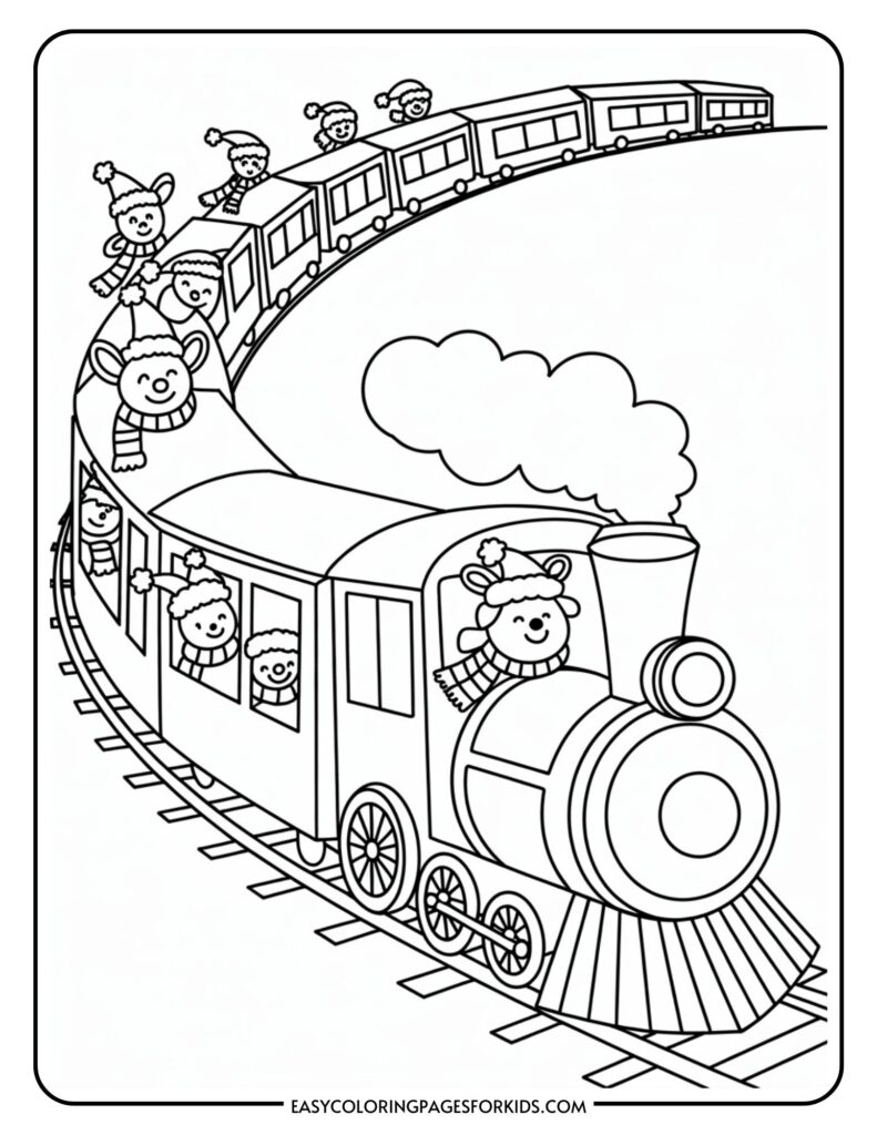 A coloring page featuring a cartoon steam train with smiling characters wearing winter hats and scarves, waving from the windows.