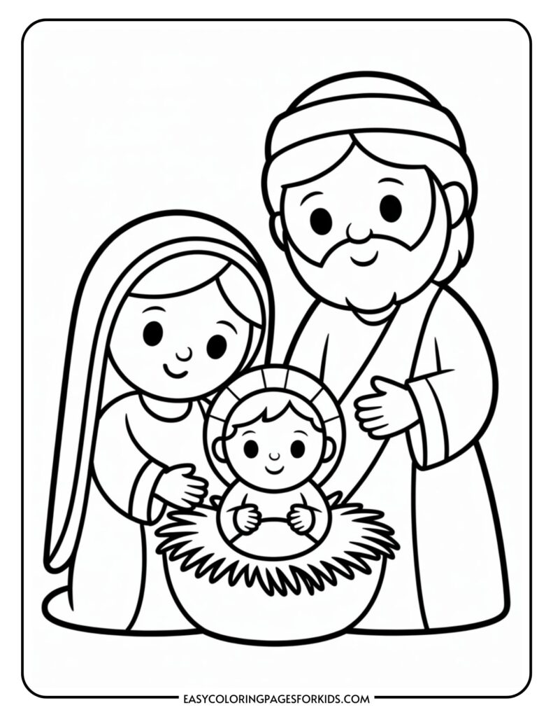 A simple, cartoon-style illustration of a nativity scene with Mary, Joseph, and baby Jesus in a manger.