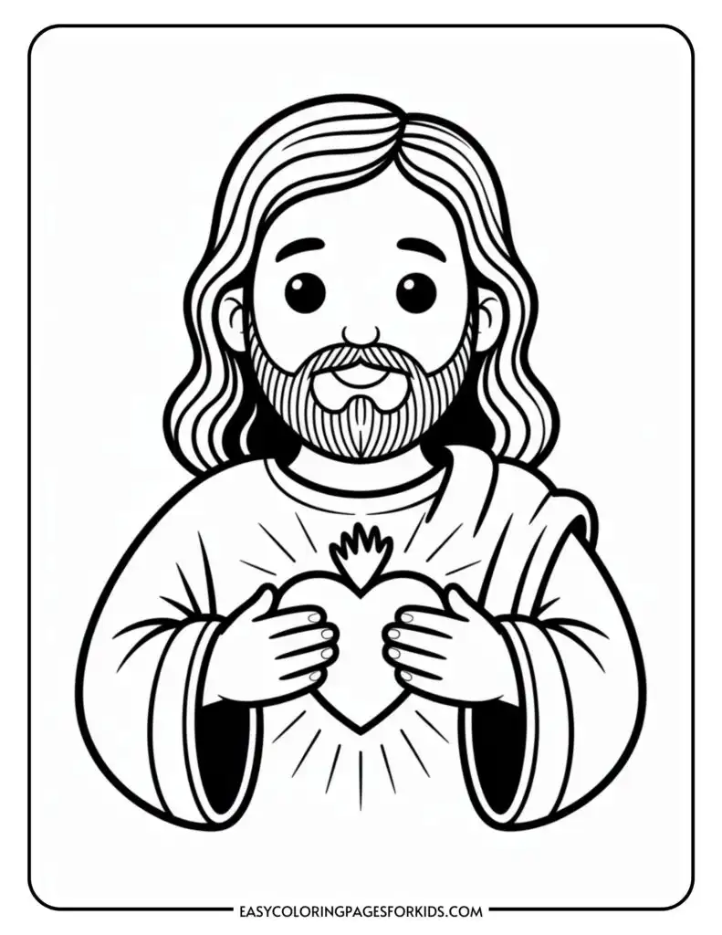 Cartoon drawing of a bearded figure with long hair holding a heart with radiating lines.