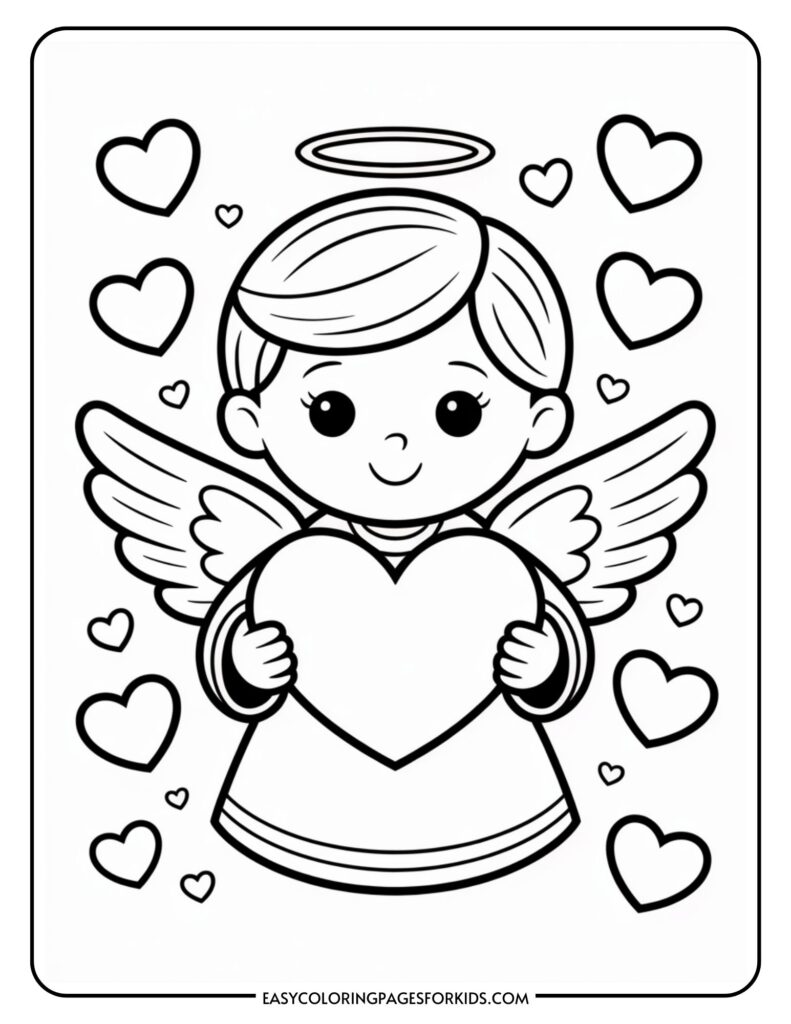A cartoon angel with wings and a halo holds a large heart, surrounded by smaller hearts.