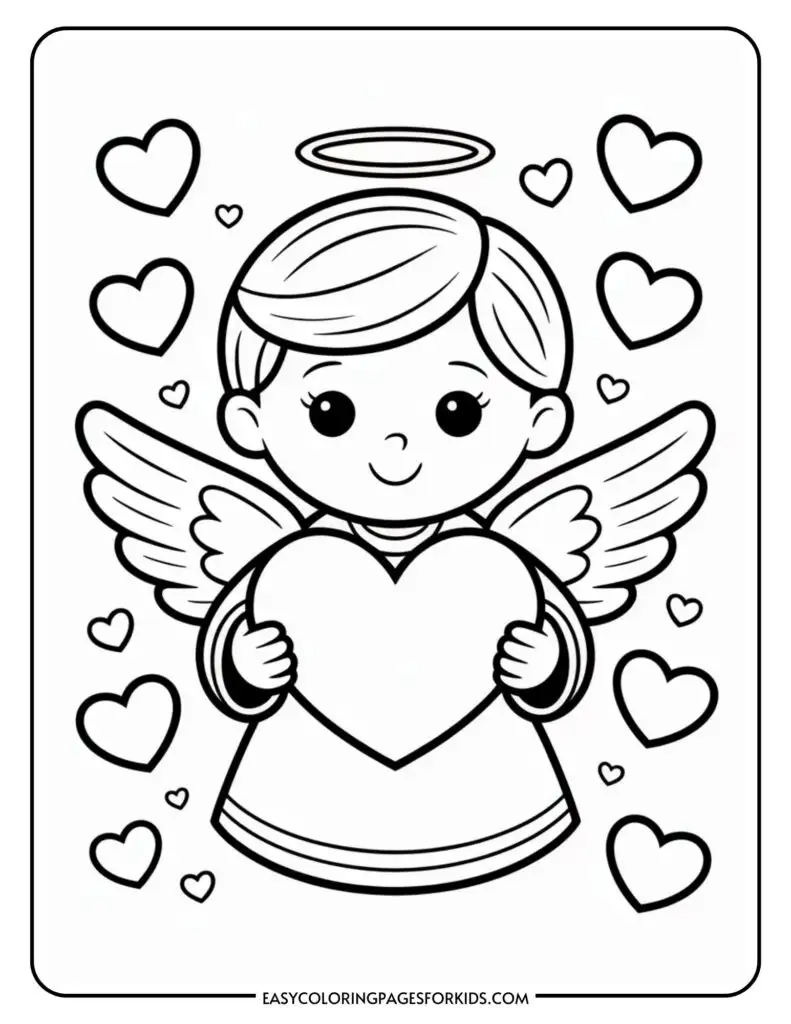 A cartoon angel with wings and a halo holds a large heart, surrounded by smaller hearts.