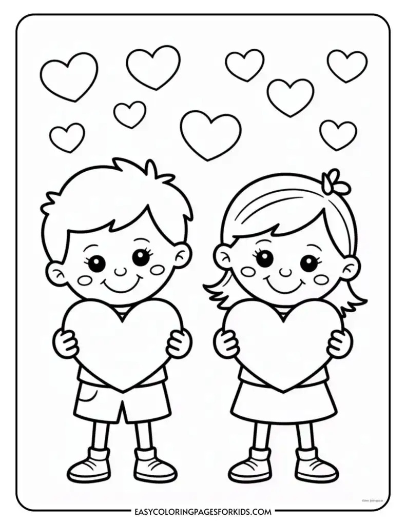 Two cartoon children holding large hearts, surrounded by smaller floating hearts.