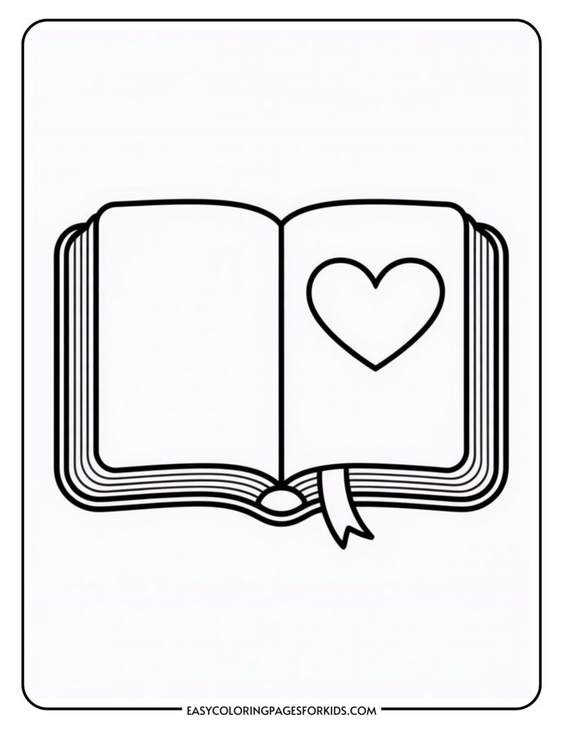 A coloring page of an open book with a heart symbol and a ribbon bookmark.