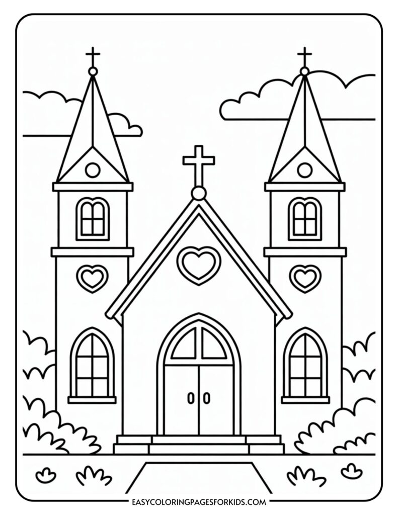 Coloring page of a church with two towers, heart-shaped windows, and surrounding clouds and bushes.