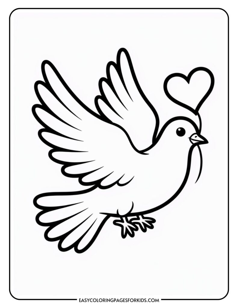A simple black and white illustration of a flying dove with a heart above its head.