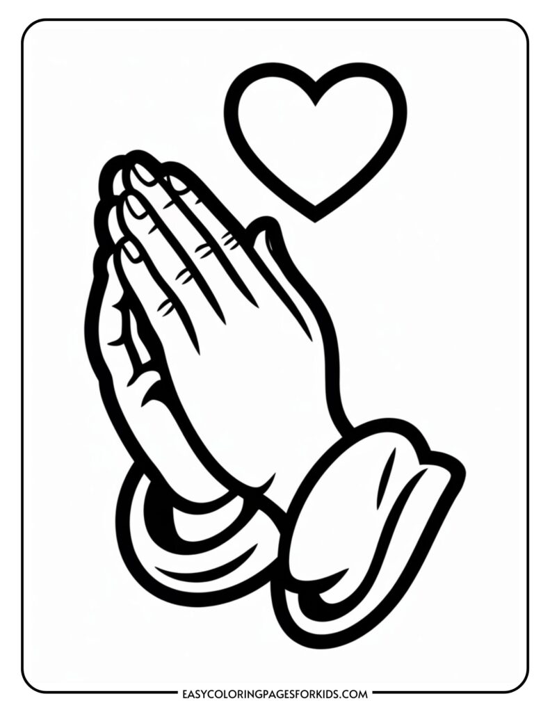 Outlined drawing of praying hands with a heart above them.