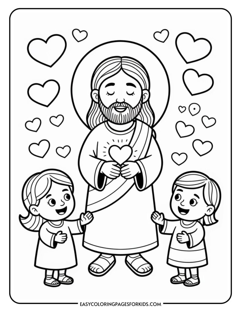 A cartoon of Jesus with a halo, surrounded by hearts and two smiling children.