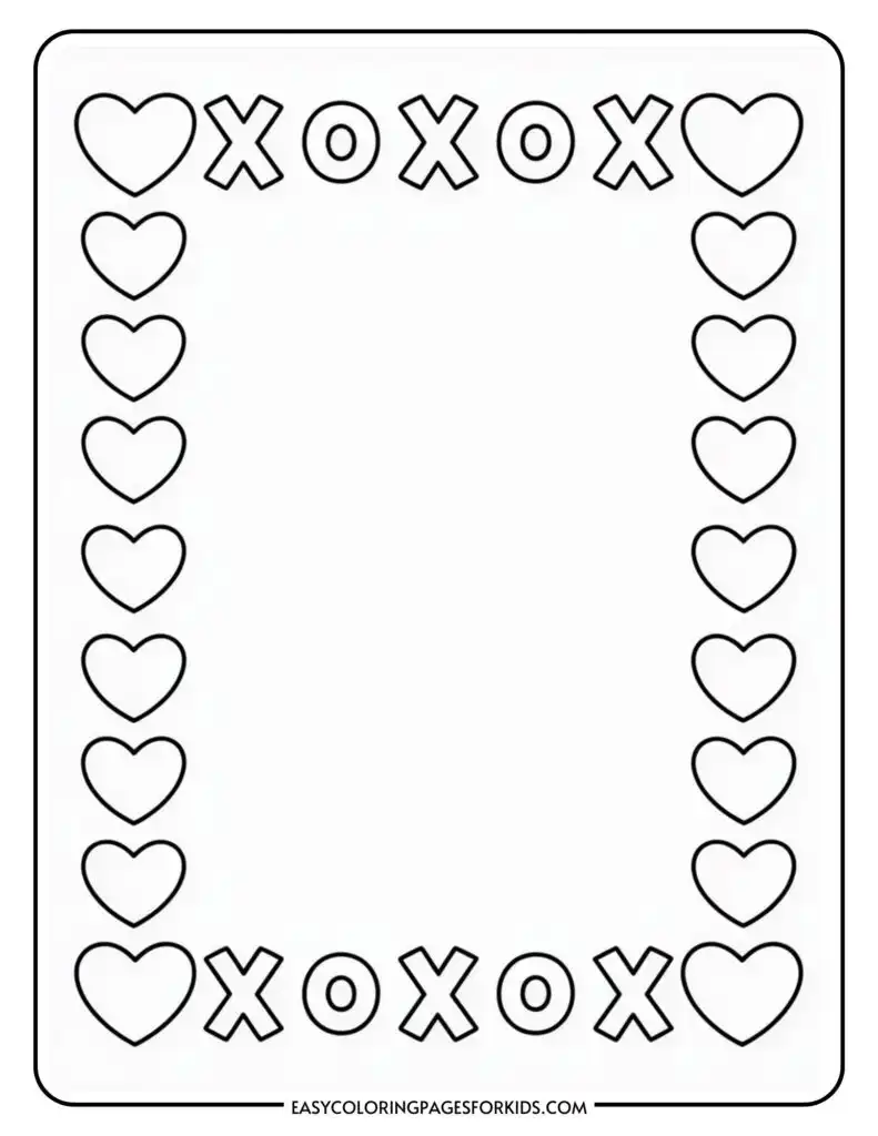A coloring page with a border of alternating hearts and "XOXO" patterns.