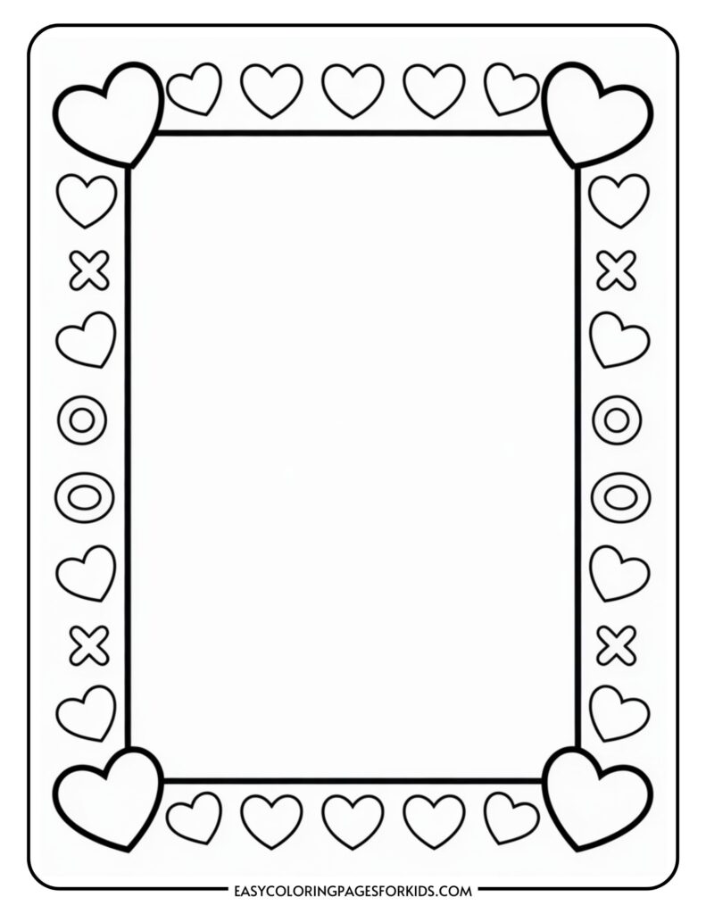 A rectangular frame with heart shapes at each corner and a pattern of hearts, X's, and O's along the sides.