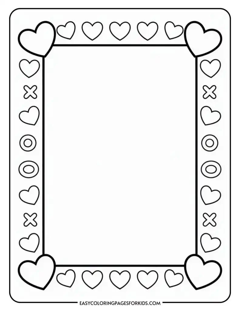 A rectangular frame with heart shapes at each corner and a pattern of hearts, X's, and O's along the sides.