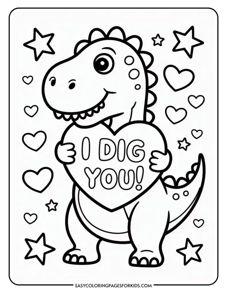 A cartoon dinosaur holding a heart with "I DIG YOU!" surrounded by stars and hearts.