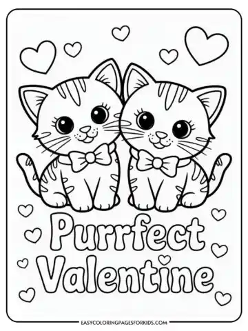 Two cute cartoon cats with bows sit together, surrounded by hearts, above the words 
