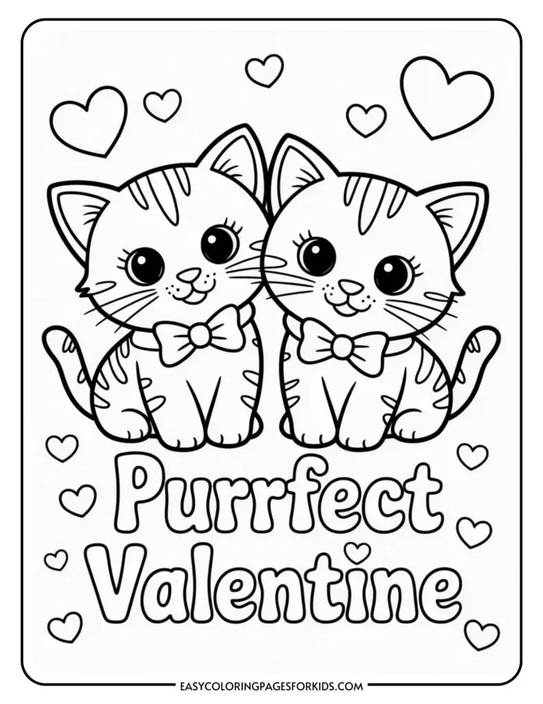 Two cute cartoon cats with bows sit together, surrounded by hearts, above the words "Purrfect Valentine."