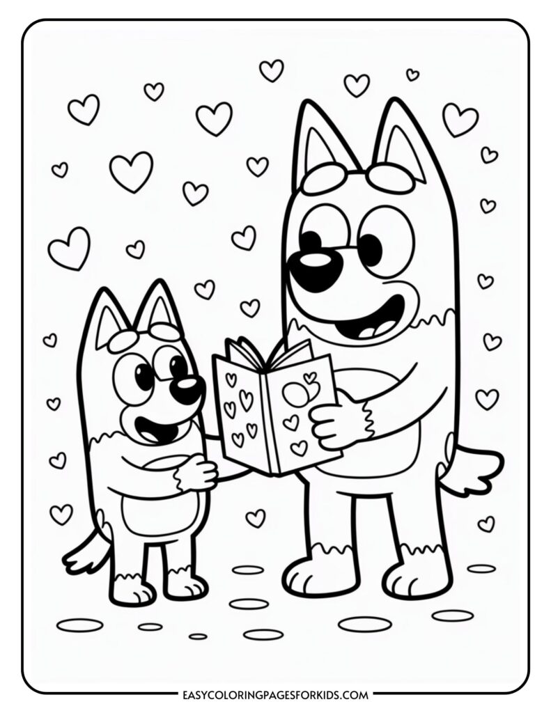 Two cartoon dogs, one larger and one smaller, happily read a book with heart patterns, surrounded by heart shapes.