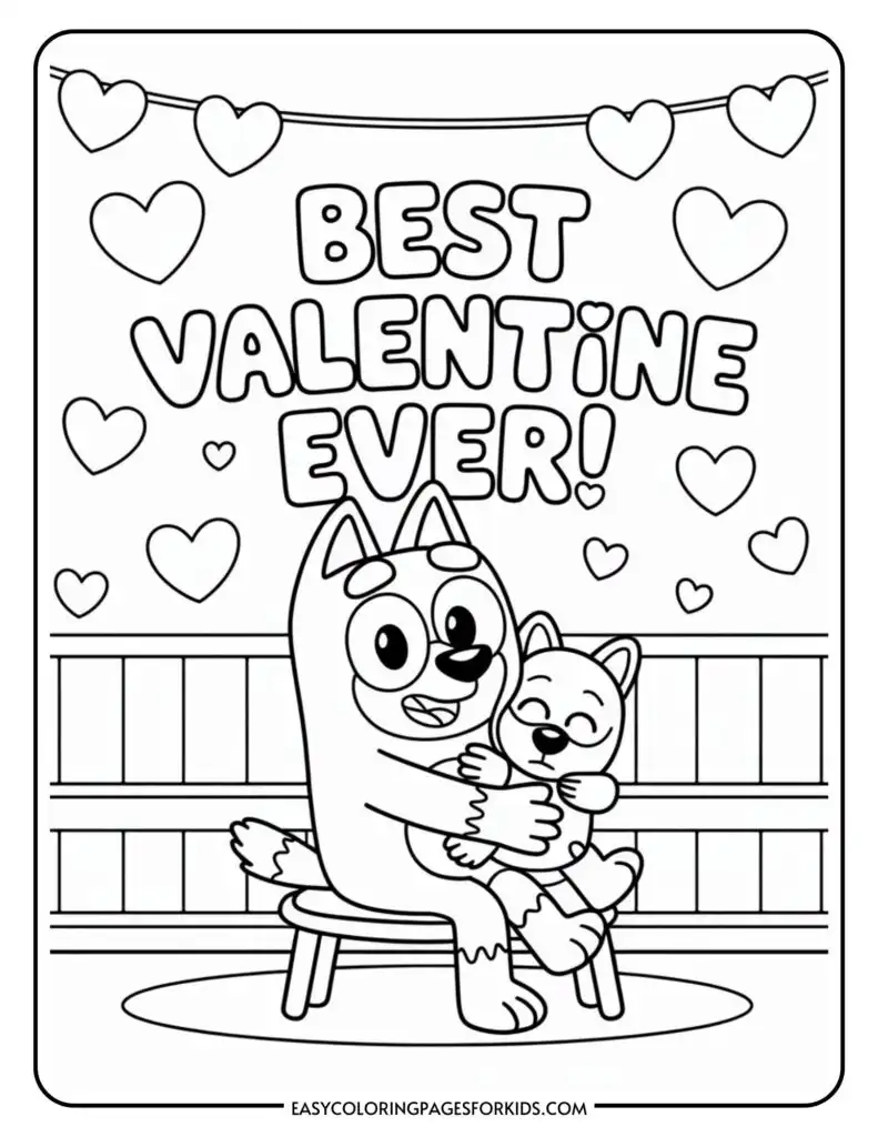 Two cartoon animals hugging on a bench, surrounded by hearts with the text "Best Valentine Ever!" above them.
