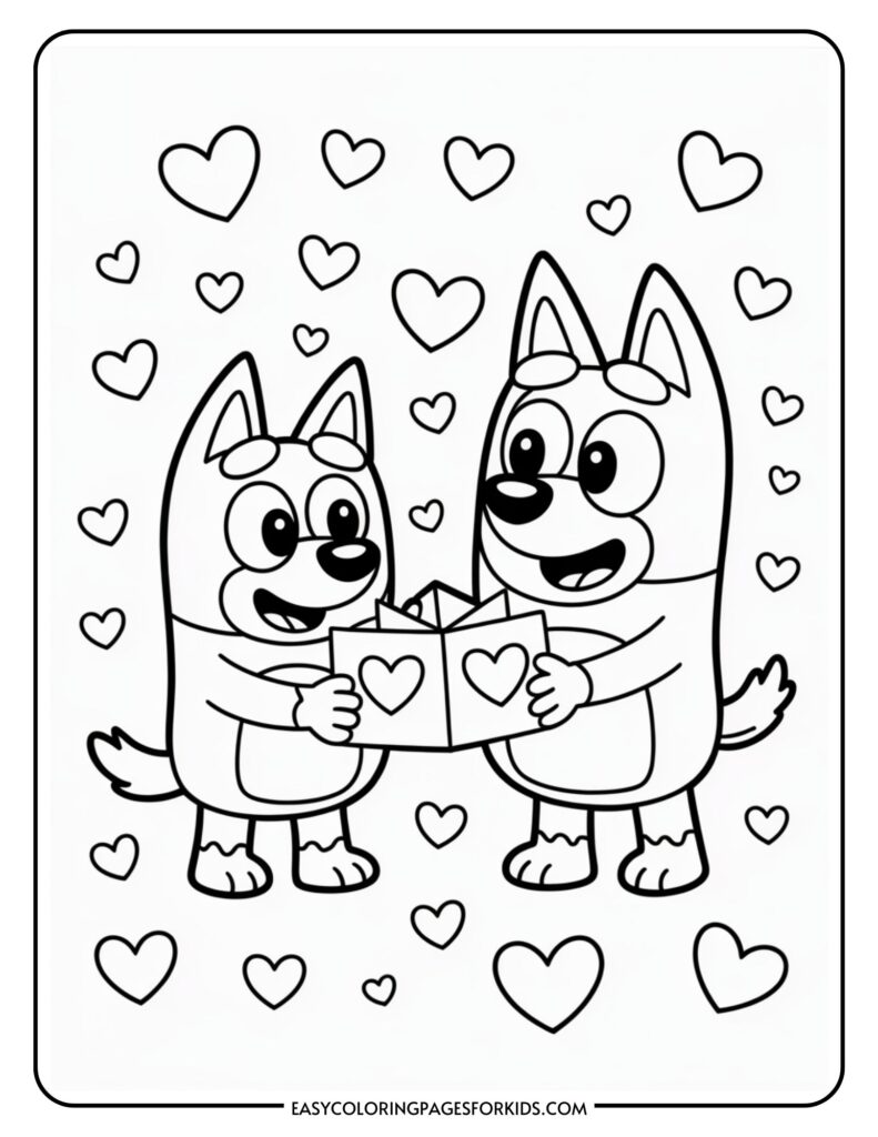 Two cartoon dog characters happily holding a card with hearts, surrounded by more heart illustrations.