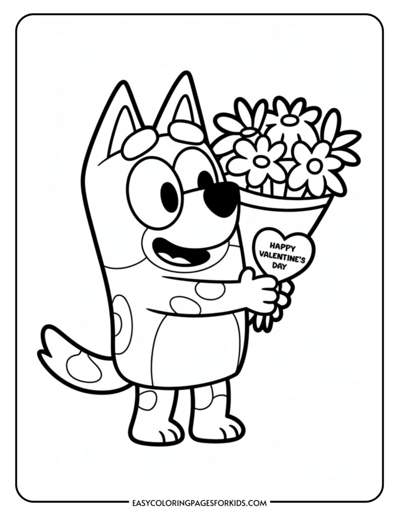 A cartoon dog holding a bouquet of flowers with a tag that says "Happy Valentine's Day."