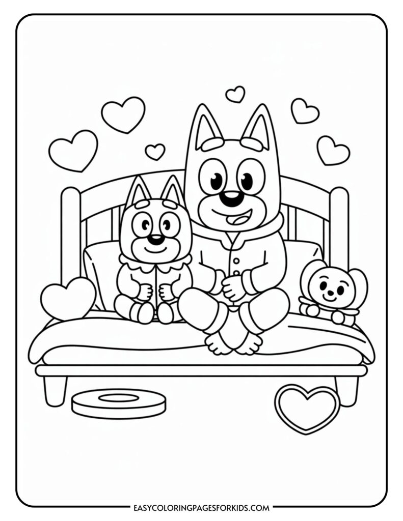 Characters with dog-like ears sitting on a bed with hearts around them.