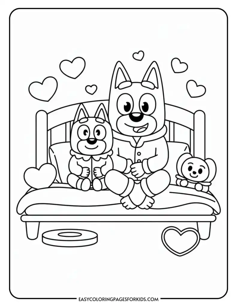 Characters with dog-like ears sitting on a bed with hearts around them.