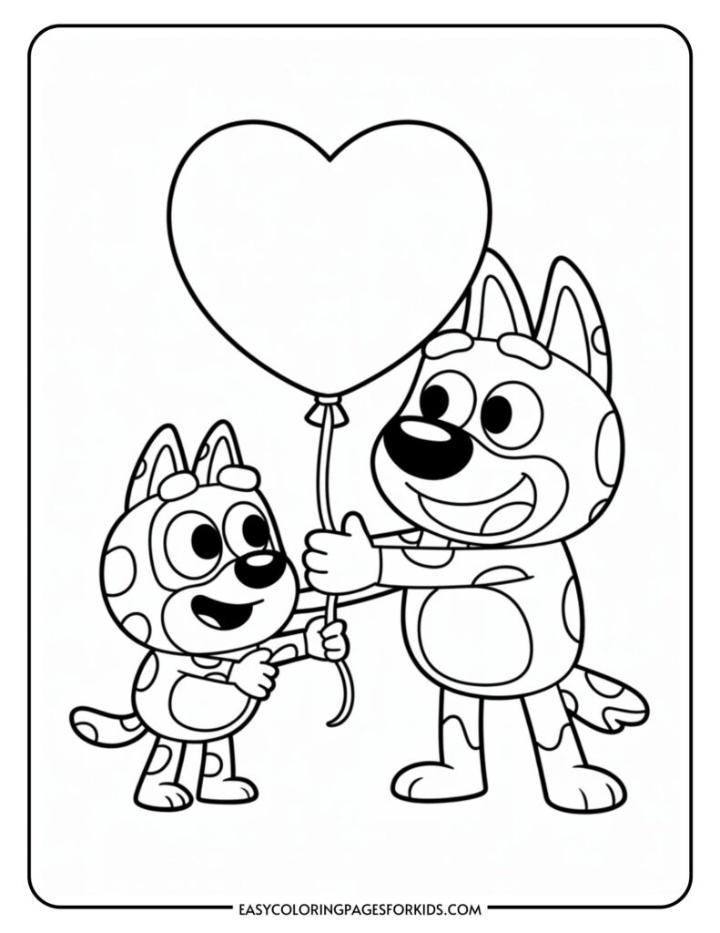 Two cartoon dogs holding a large heart-shaped balloon together, smiling at each other.