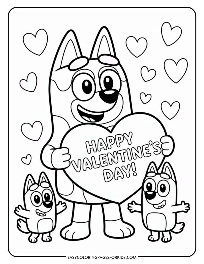 Cartoon dog holding a large heart with "Happy Valentine's Day" surrounded by smaller hearts and two smiling puppies.