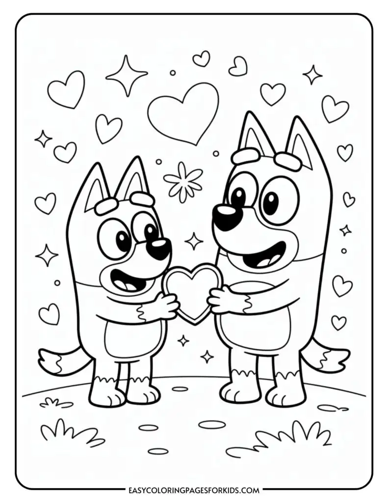 Two cartoon dogs smiling and holding a heart in a playful setting with hearts and stars around them.