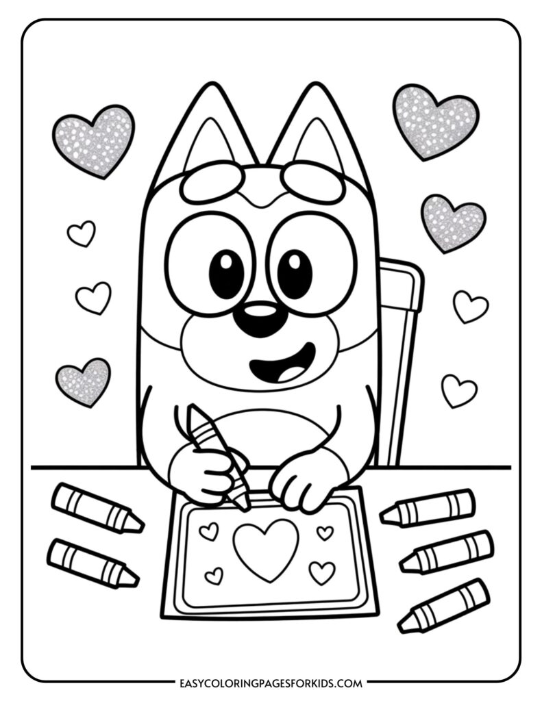 Cartoon dog coloring a heart on paper, surrounded by crayons and floating hearts.