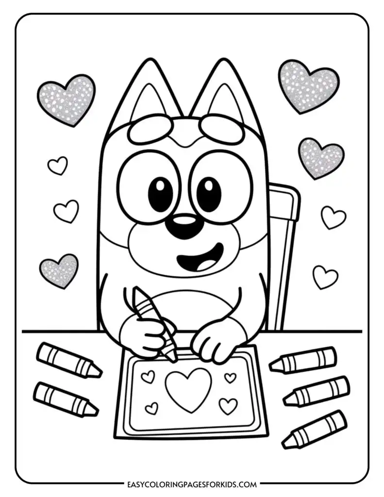 Cartoon dog coloring a heart on paper, surrounded by crayons and floating hearts.