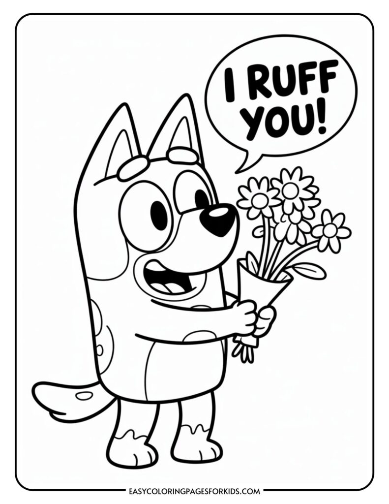 Cartoon dog holding flowers with a speech bubble saying, "I RUFF YOU!"