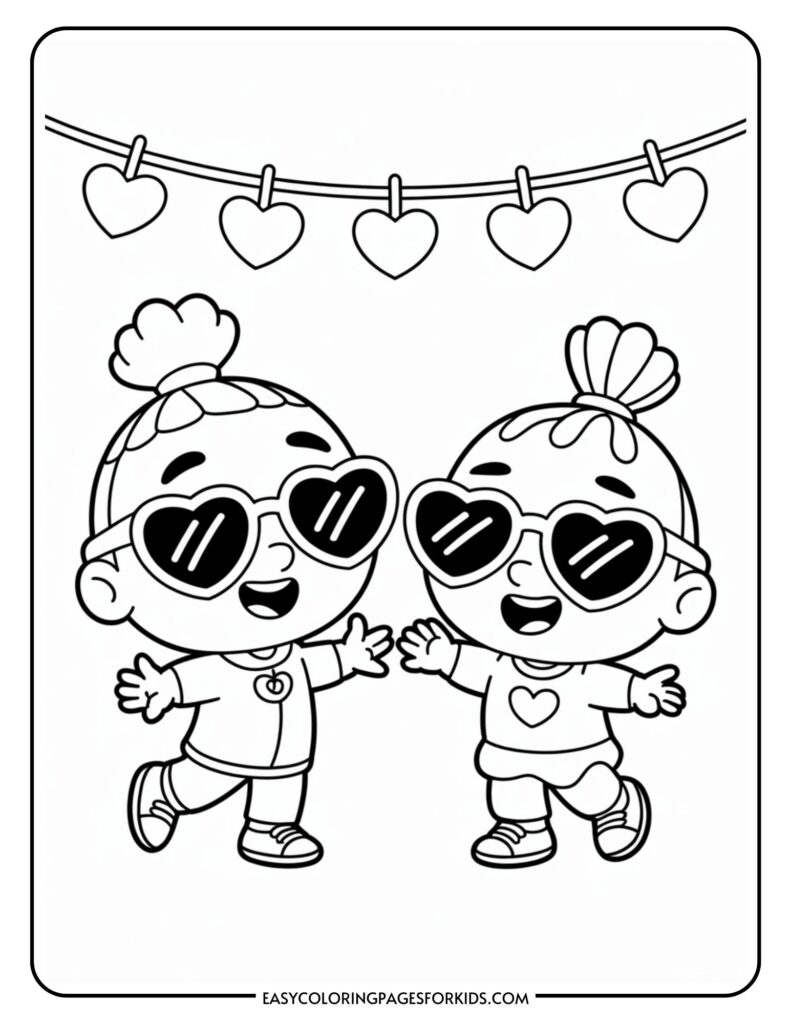 Two cartoon children wearing heart-shaped sunglasses and smiling, with heart decorations hanging above them.