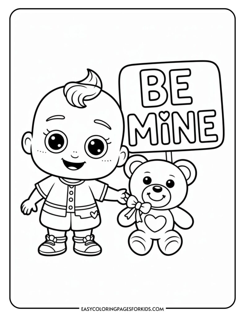 A cartoon baby holding a teddy bear with a sign that says "Be Mine" in large letters.