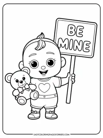 A cartoon baby holding a teddy bear and a sign that says 