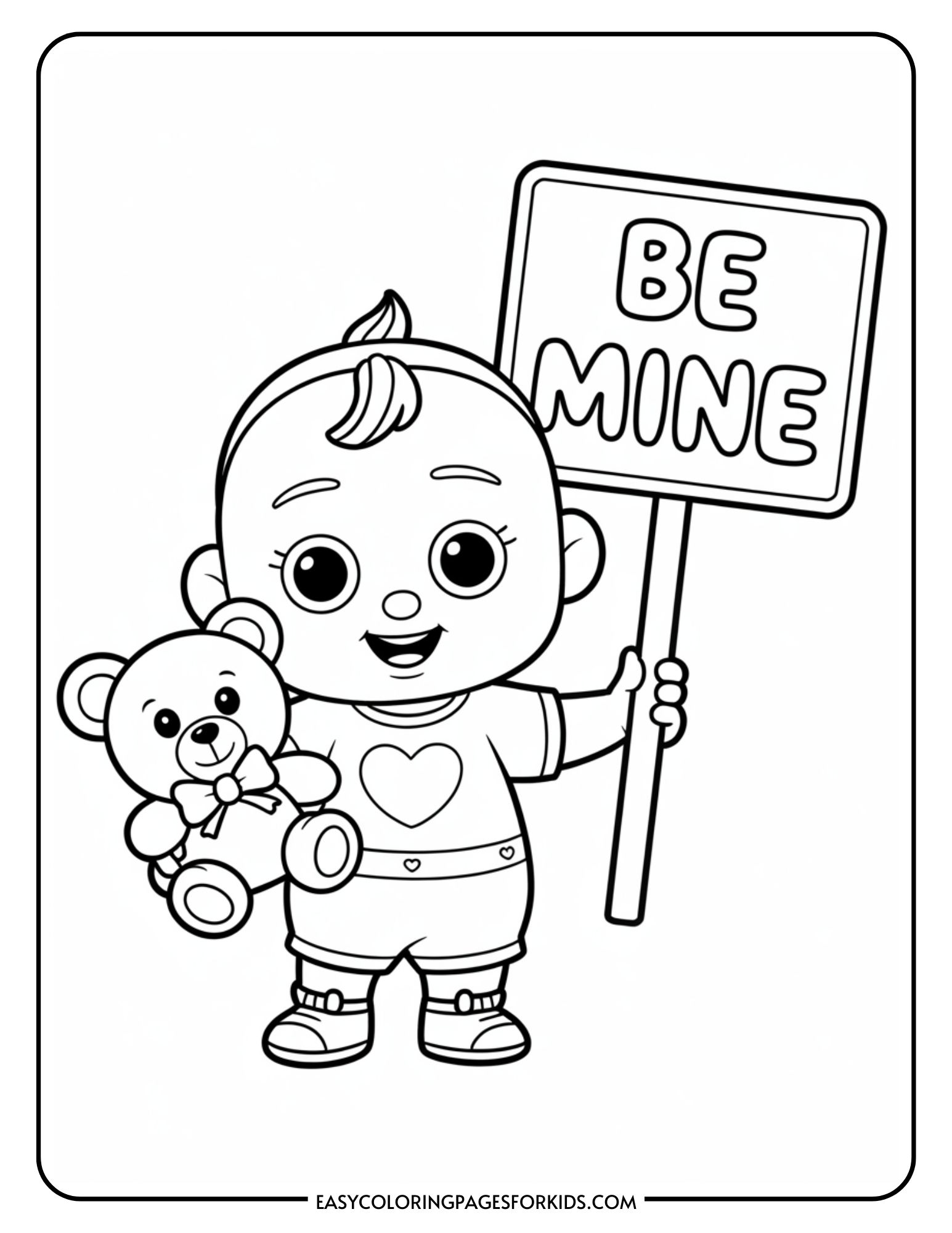 A cartoon baby holding a teddy bear and a sign that says "BE MINE."