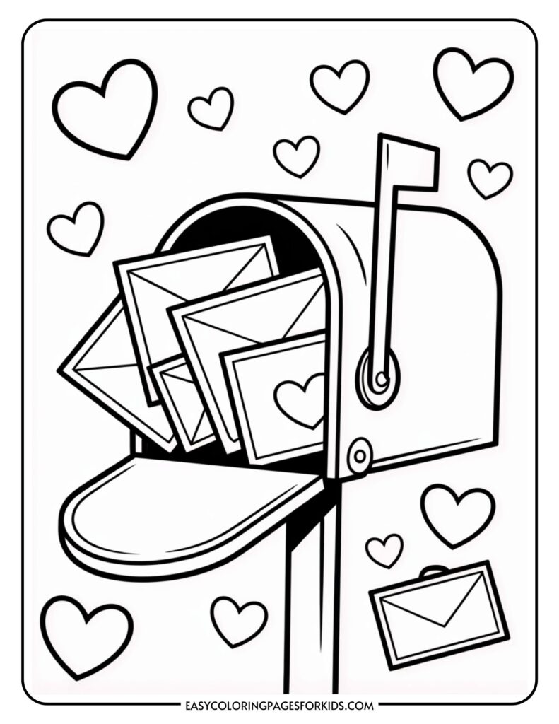 A black and white drawing of a mailbox filled with envelopes, surrounded by hearts.