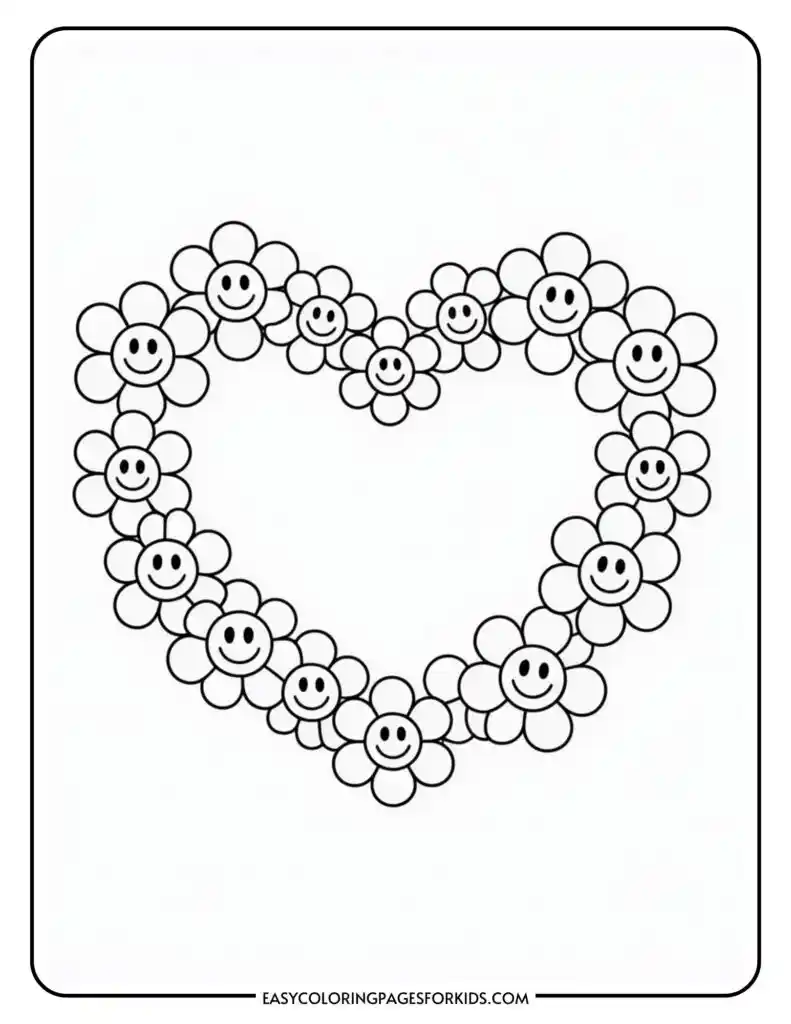 Outline of a heart made from smiley-faced flowers, suitable for coloring.
