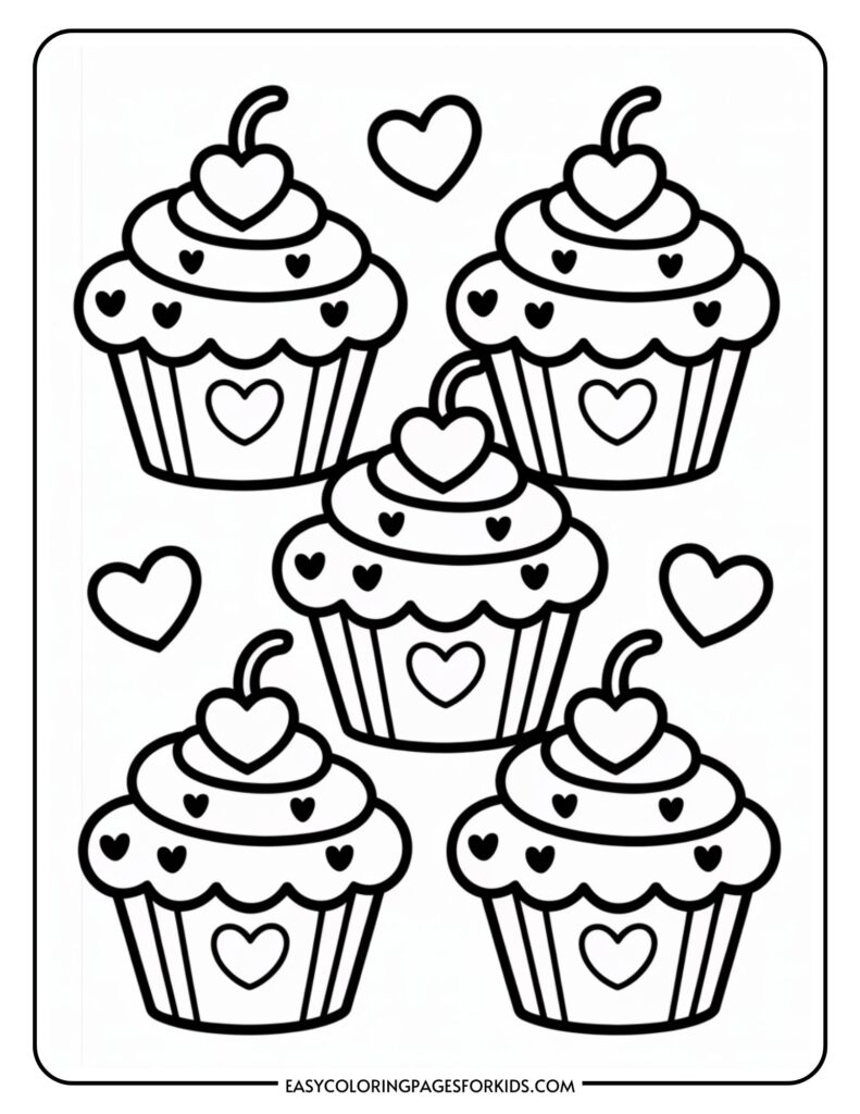 Five illustrated cupcakes with heart decorations, surrounded by small heart shapes.