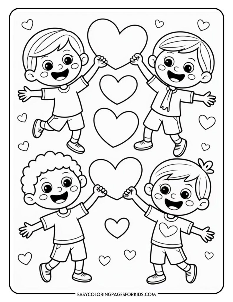 Four cartoon children holding heart shapes, surrounded by floating hearts, in a coloring page style.