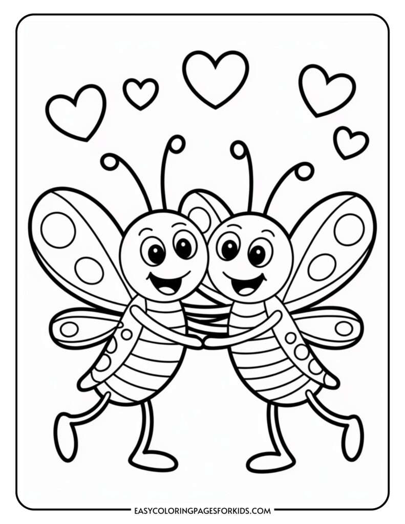 Two cartoon butterflies holding hands, surrounded by hearts, with smiling faces.