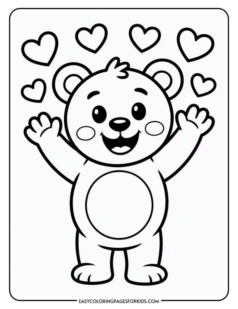 A happy cartoon bear with raised arms, surrounded by hearts, black and white for coloring.
