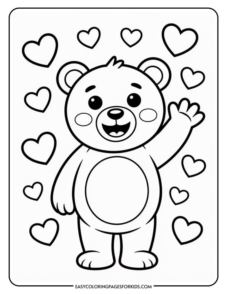 A smiling cartoon bear waving with hearts surrounding it.