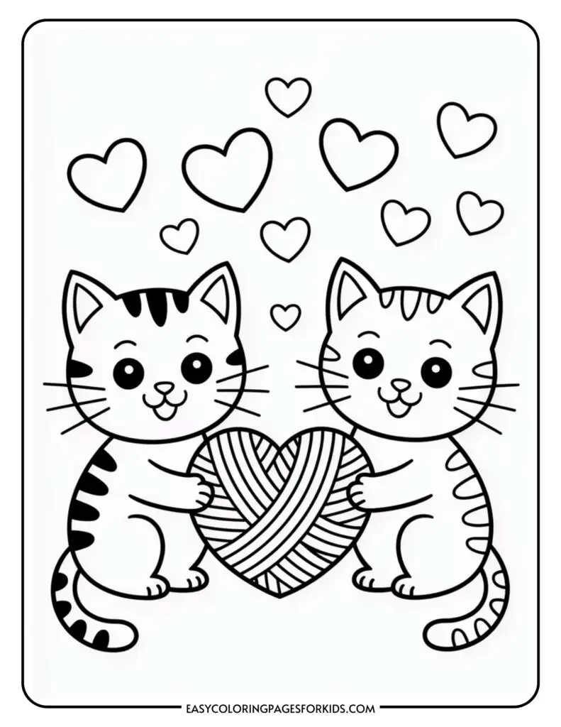 Two cartoon cats holding a heart-shaped yarn ball with hearts floating above them.